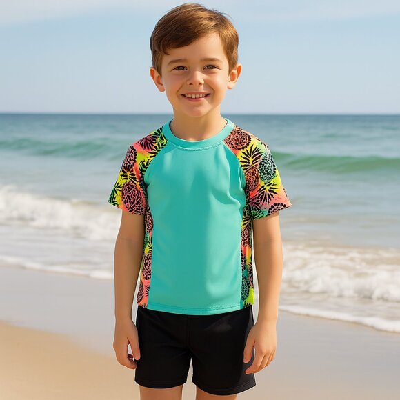 🟢3/$15 wonder nation Rashguard Swim Shirt Pineapples Short Sleeve Small 6 6X - Picture 1 of 9